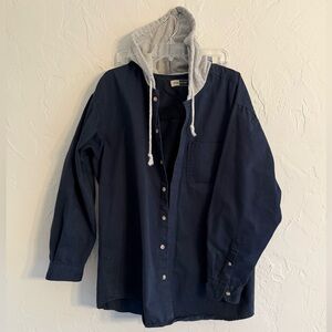 Navy Button-Up jacket with Gray Hood